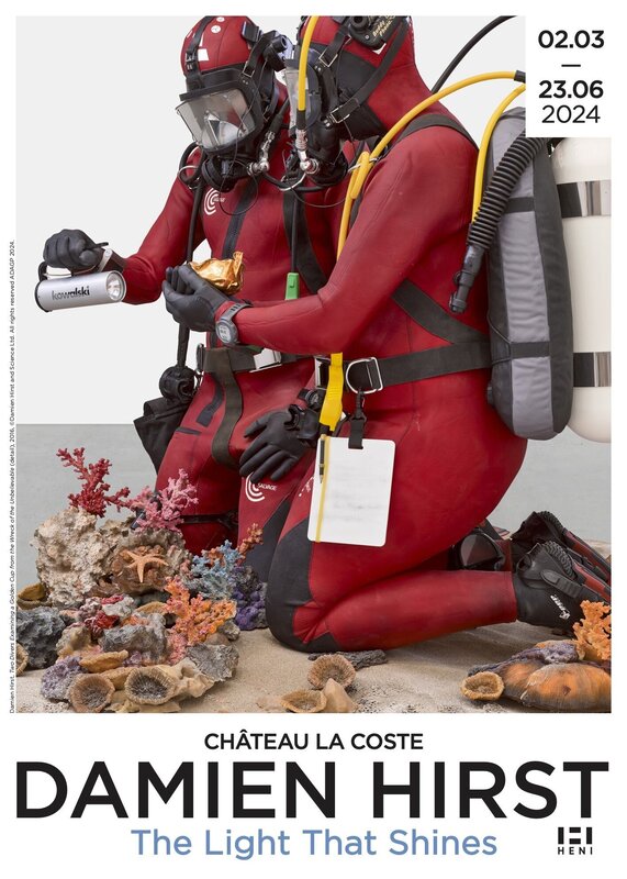 Two Divers Examining a Golden Cup from the Wreck of the Unbelievable de Damien Hirst, 2024