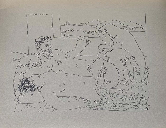 Vieux sculpteur et modèle assoupi avec un groupe sculpté représentant des chevaux luttant by Pablo Picasso, 1956