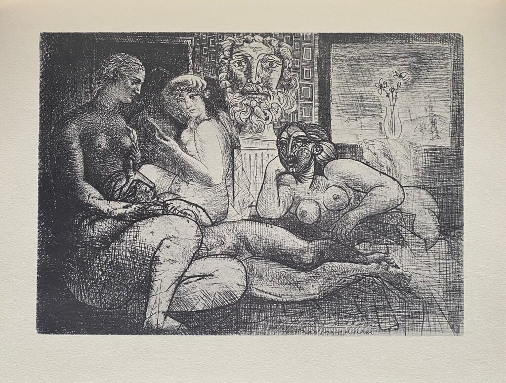 Femmes entre elles avec voyeur sculpté. Clin d'œil au bain turc by Pablo Picasso, 1956
