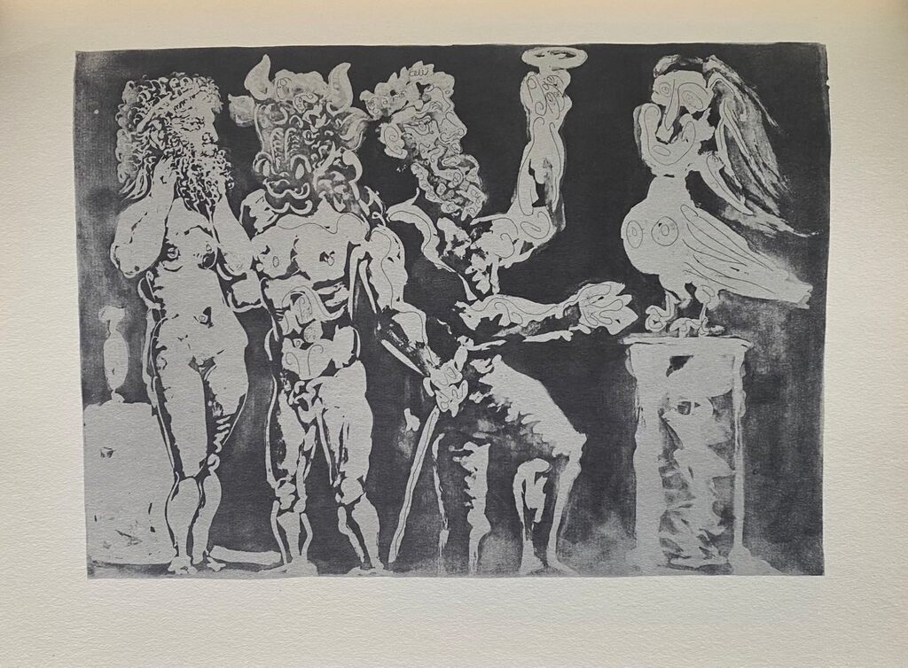 Chez la Pythie-Harpye. Homme au masque de Minotaure et femme au masque de sculpteur by Pablo Picasso, 1956