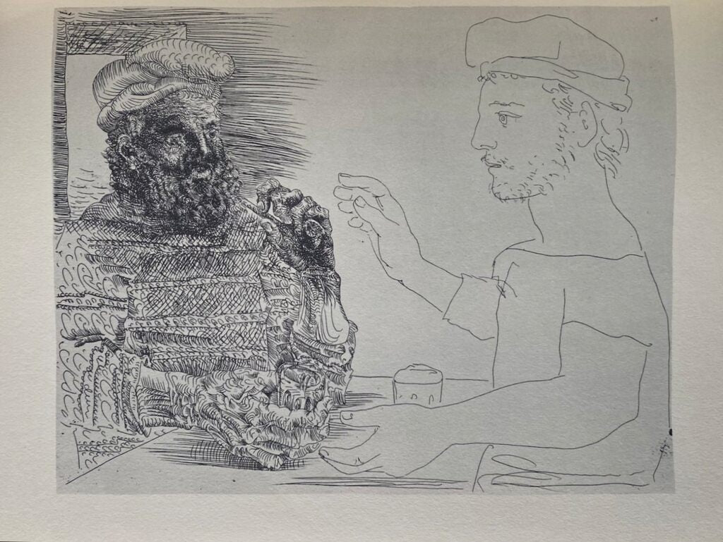 La taberna. Jeune pêcheur catalan racontant sa vie à un vieux pêcheur barbu by Pablo Picasso, 1956