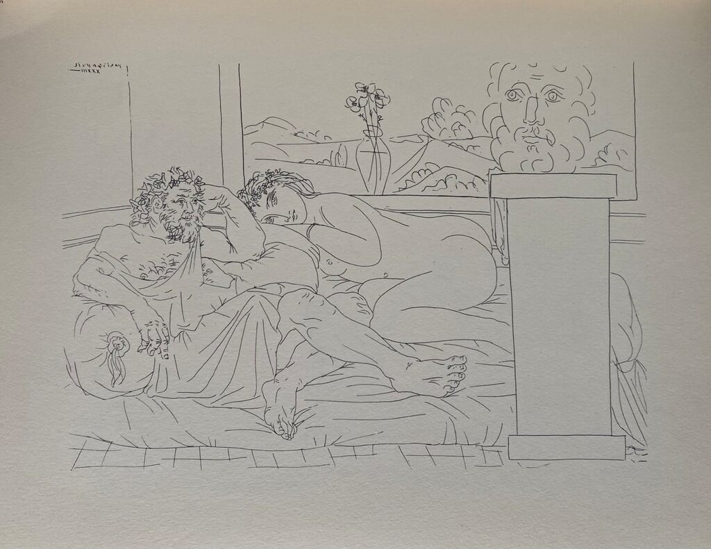Vieux sculpteur grec avec modèle, vase aux trois anémones et autoportrait sculpté by Pablo Picasso, 1956