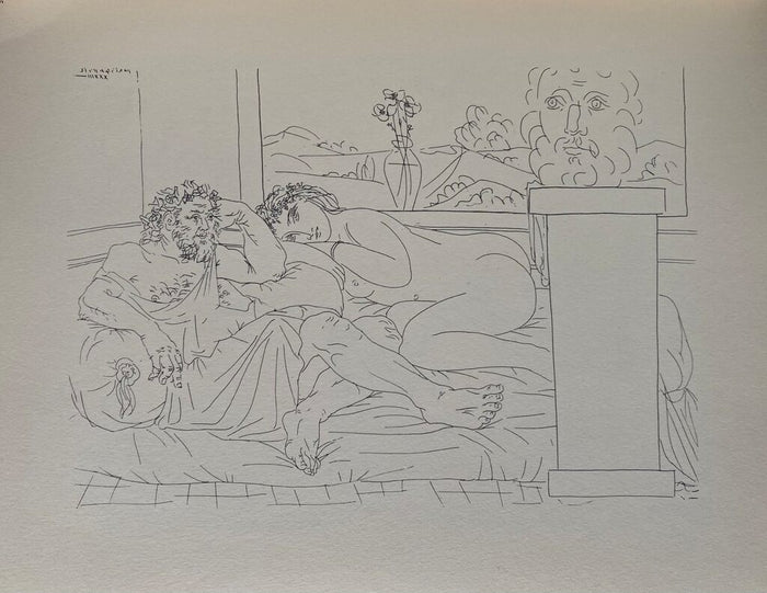 Vieux sculpteur grec avec modèle, vase aux trois anémones et autoportrait sculpté by Pablo Picasso, 1956