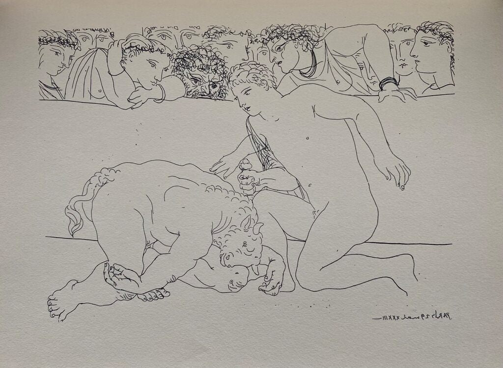 Dans l'arène. Jeune homme achevant le Minotaure by Pablo Picasso, 1956