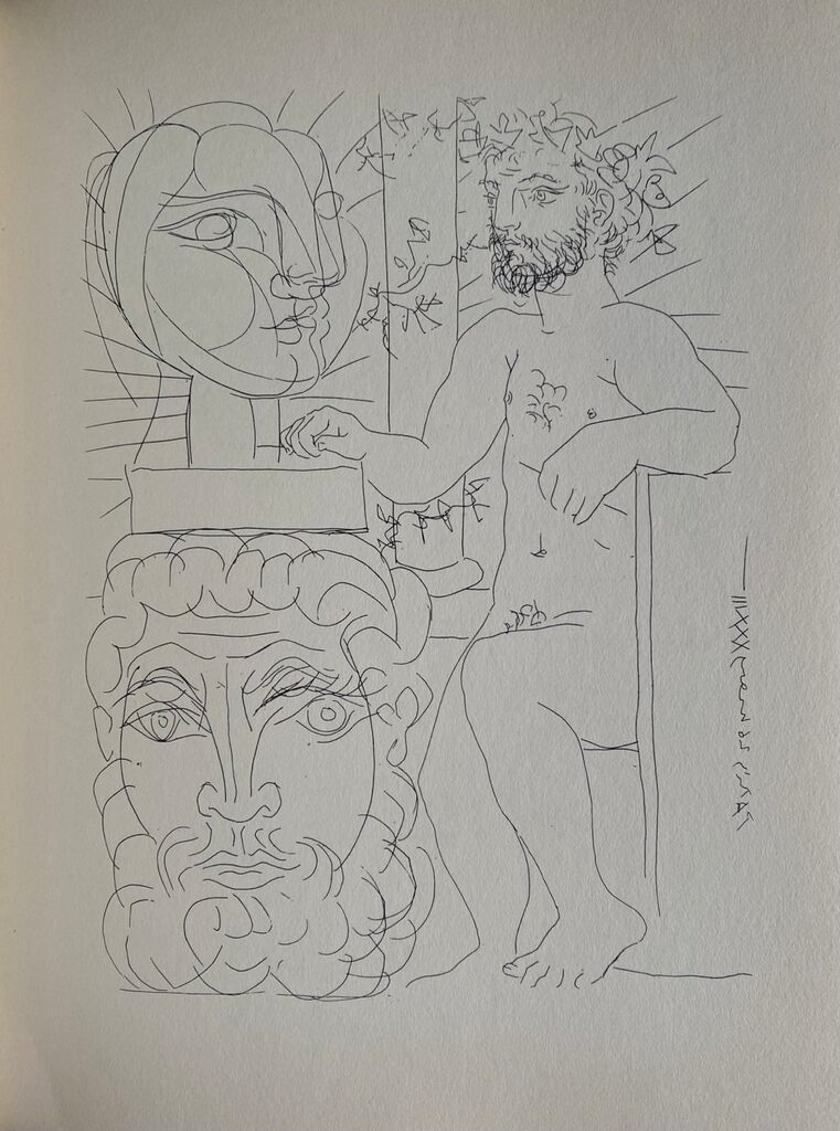 Sculpteur et son autoportrait sculpté servant de socle à une tête de Marie-Thérèse by Pablo Picasso, 1956