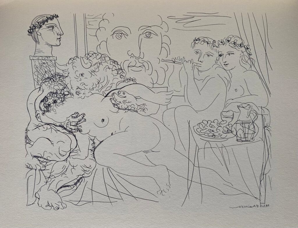Autoportrait sous trois formes : peintre couronné, sculpteur en buste et Minotaure amoureux de Pablo Picasso, 1956