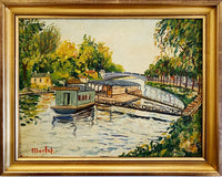 Péniches sur la rivière d'Élisée Maclet, vers 1950