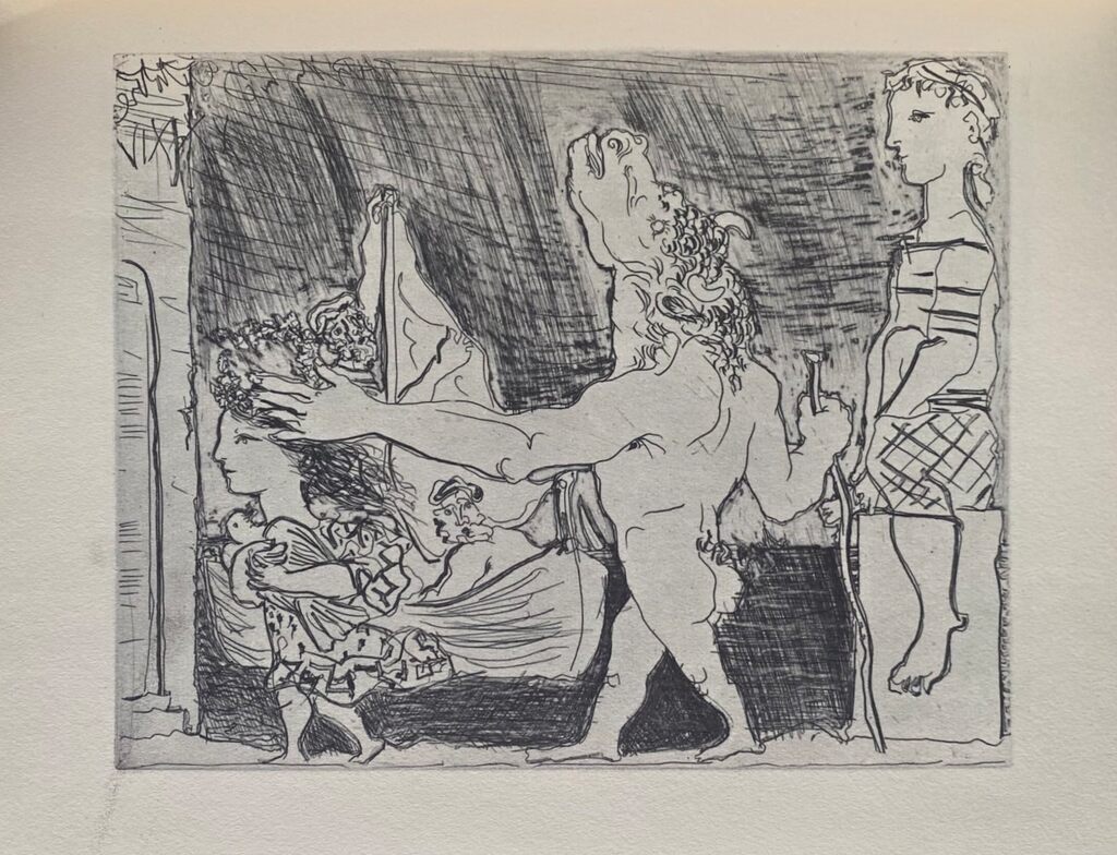 Minotaure aveugle guidé dans la nuit par une petite fille au pigeon de Pablo Picasso, 1956