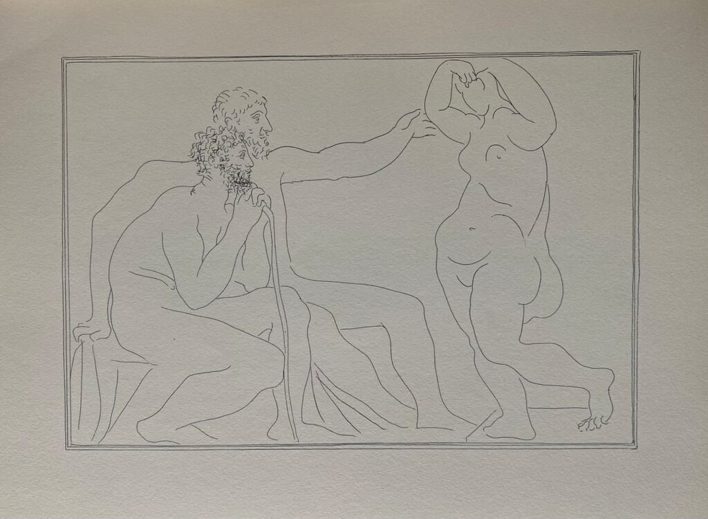 Deux sculpteurs devant une statue de Pablo Picasso, 1956
