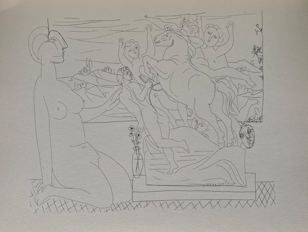 Marie-Thérèse agenouillée contemplant un groupe sculpté de Pablo Picasso, 1956