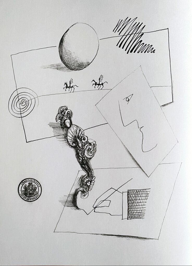 Artist and invented landscape by Saul Steinberg, 1966