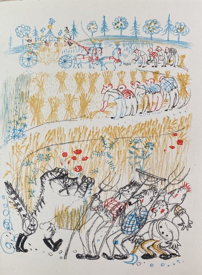 Bonnes gens qui fauchez, si vous ne dites au roi que le pré que vous fauchez appartient à monsieur le marquis de Carabas, vous serez tous hachés menu comme chair à pâté de Hans Fischer ("Fis"), 1960