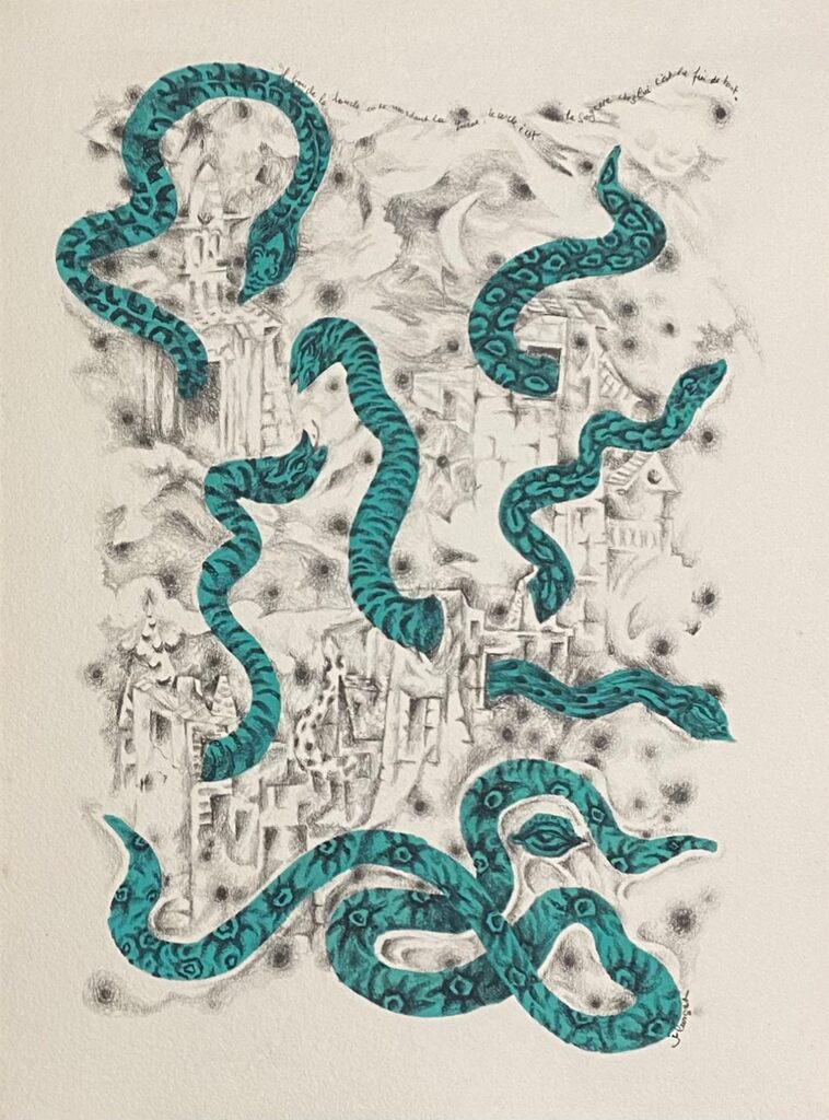 Les visiteurs n'arrivent que munis de leur serpent personnel... by Jean Lurçat, 1965