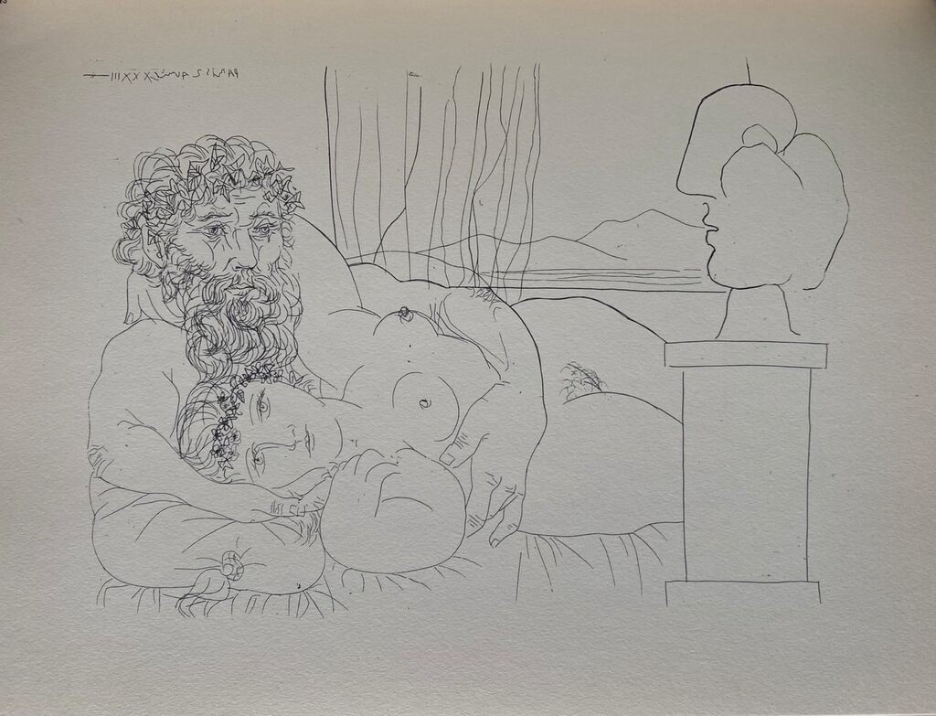 Sculpteur et son modèle avec la tête sculptée du modèle de Pablo Picasso, 1956