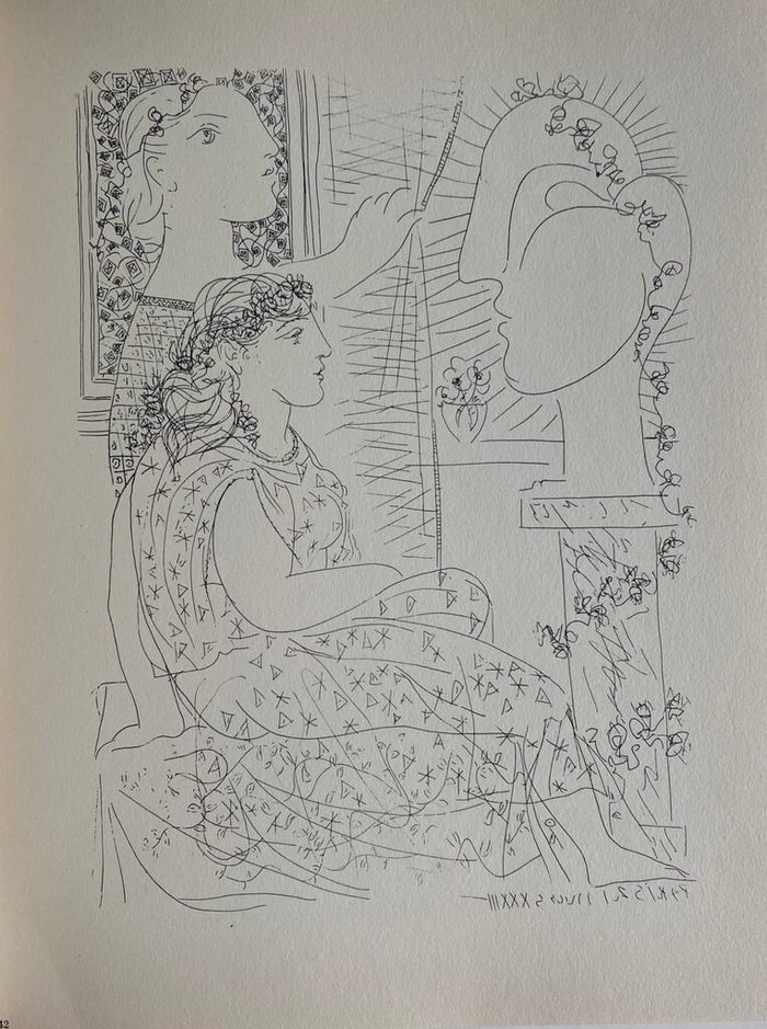 Deux femmes regardant une tête sculptée de Pablo Picasso, 1956
