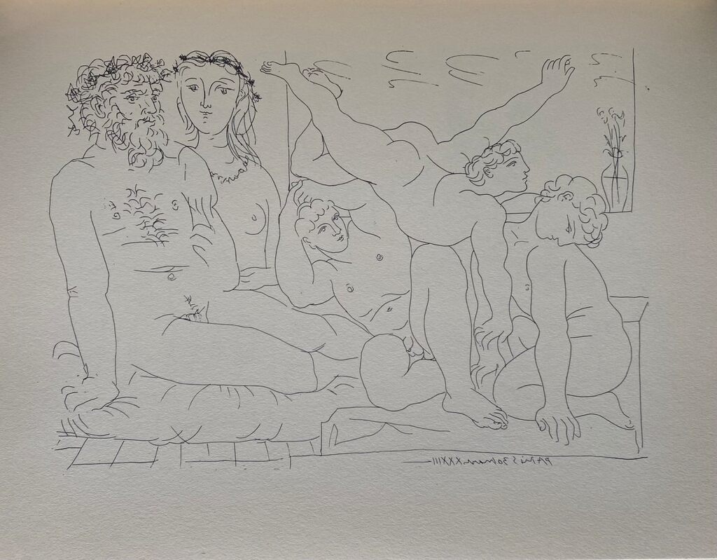 Sculpteur et son modèle avec un groupe sculpté représentant des athlètes by Pablo Picasso, 1956