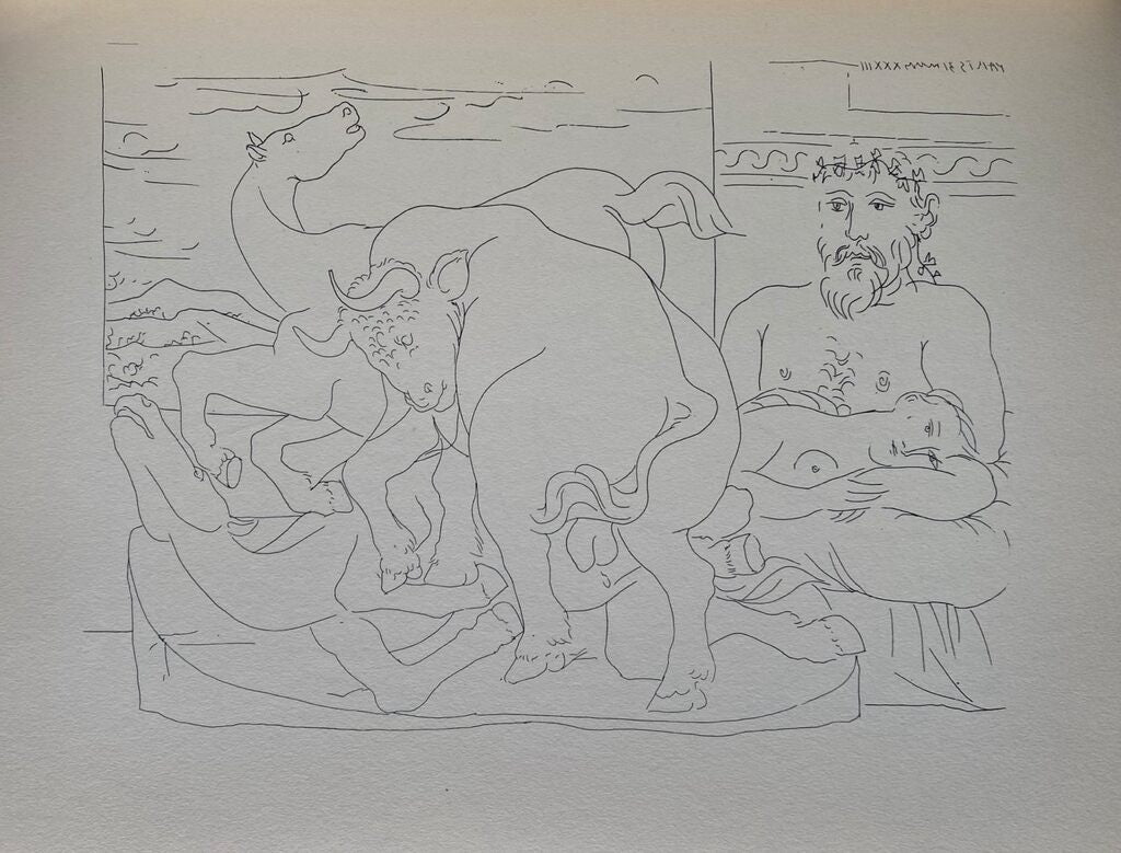 Sculpteur et son modèle avec un groupe sculpté représentant un taureau attaquant des chevaux de Pablo Picasso, 1956