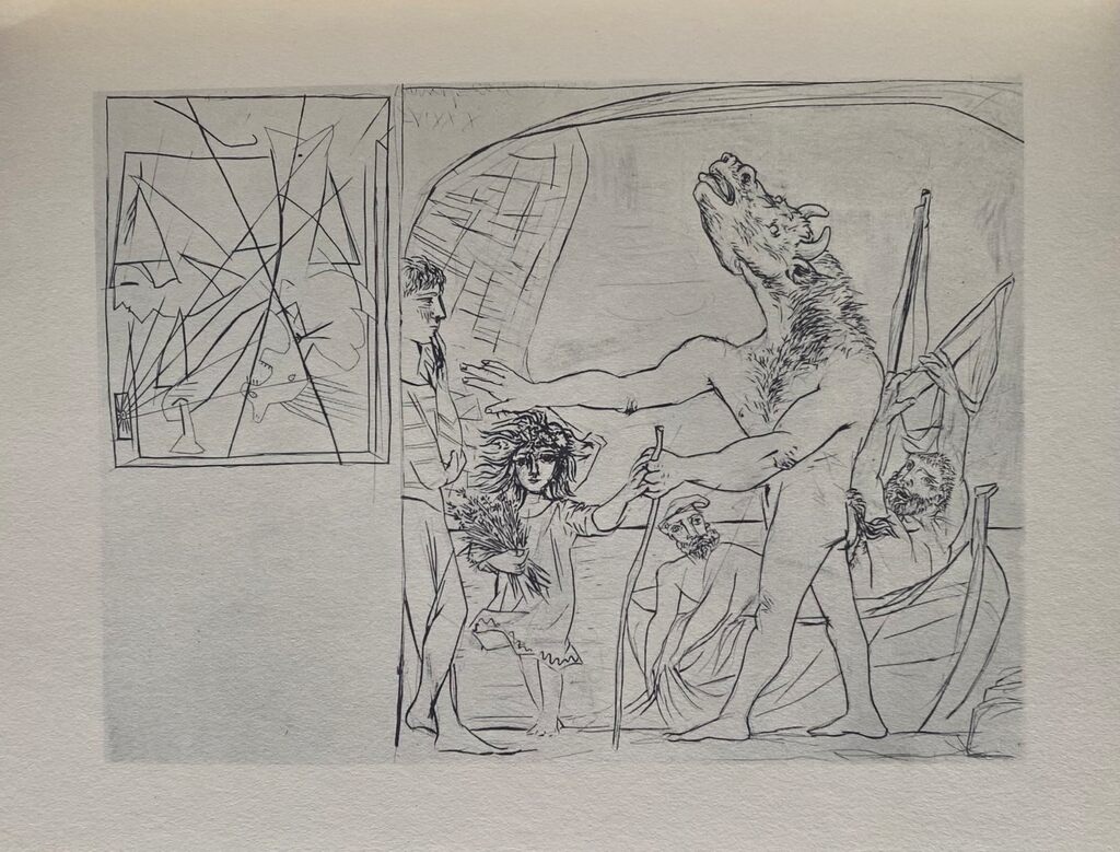 Minotaure aveugle guidé par une petite fille aux fleurs by Pablo Picasso, 1956