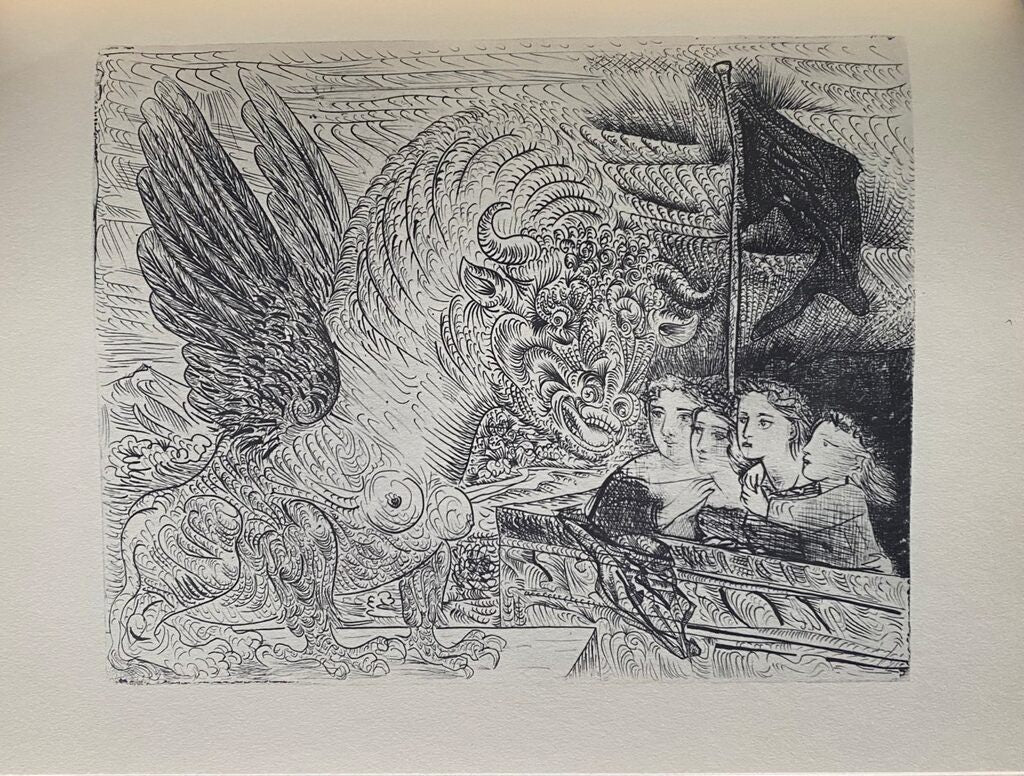 Harpye à tête de taureau, et quatre petites filles sur une tour surmontée d'un drapeau noir by Pablo Picasso, 1956