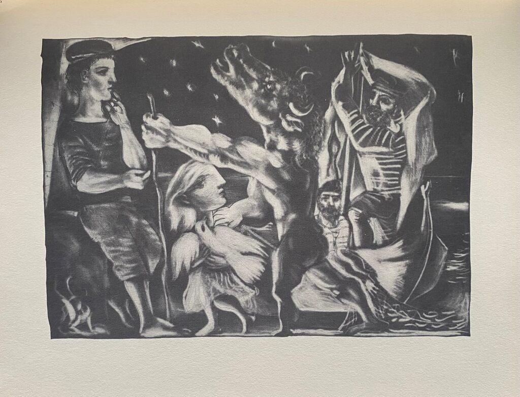 Minotaure aveugle guidé par Marie-Thérèse au pigeon dans une nuit étoilée by Pablo Picasso, 1956