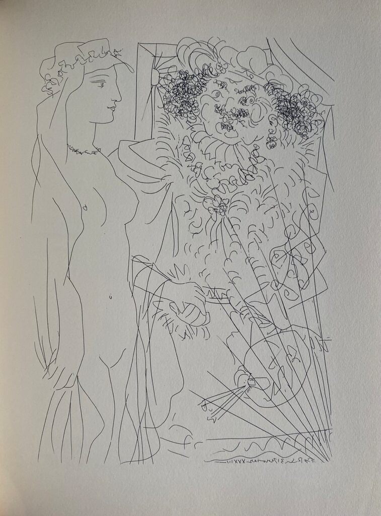 Rembrandt tenant par la main une jeune femme au voile by Pablo Picasso, 1956