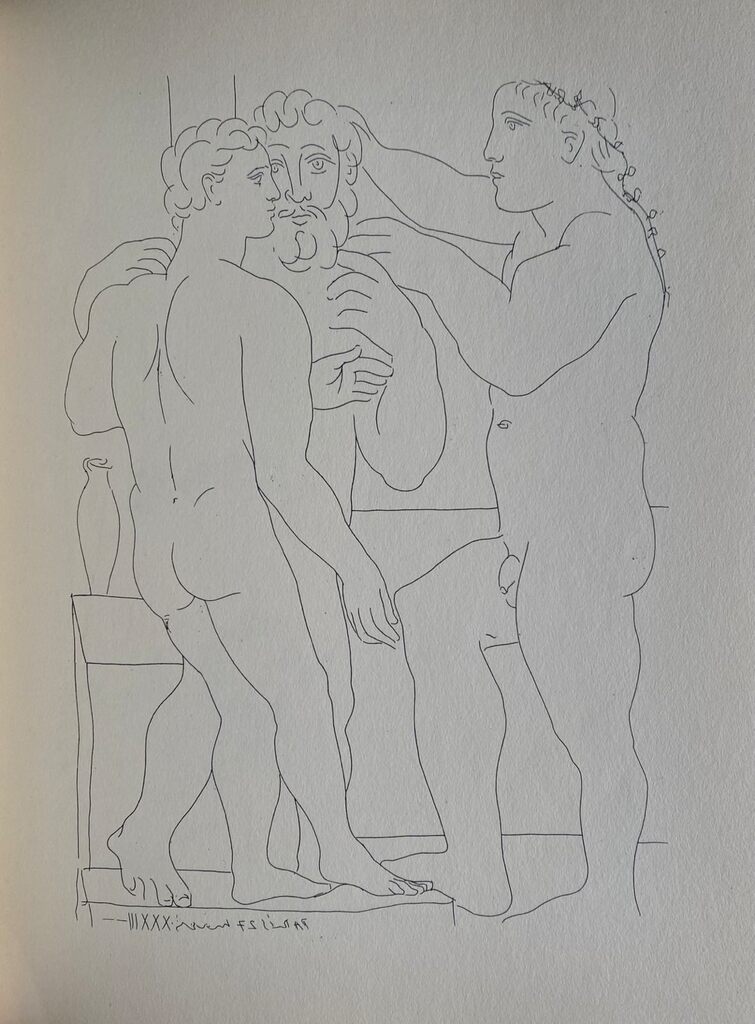 Jeune sculpteur grec avec sa sculpture: un homme et un éphèbe by Pablo Picasso, 1956