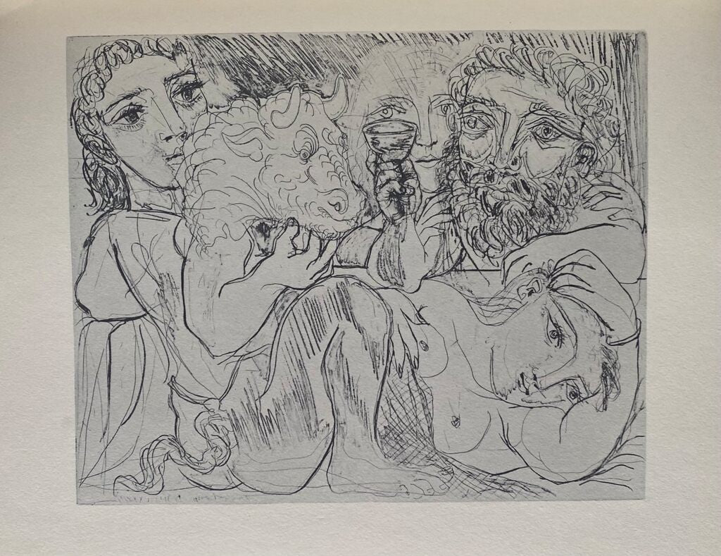 Marie-Thérèse rêvant de métamorphoses : elle-même et le sculpteur buvant avec un jeune acteur grec jouant le rôle du Minotaure by Pablo Picasso, 1956