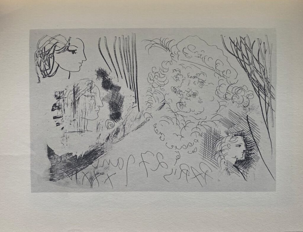 Feuille d'études : profils de Marie-Thérèse et tête de Rembrandt au béret de Pablo Picasso, 1956