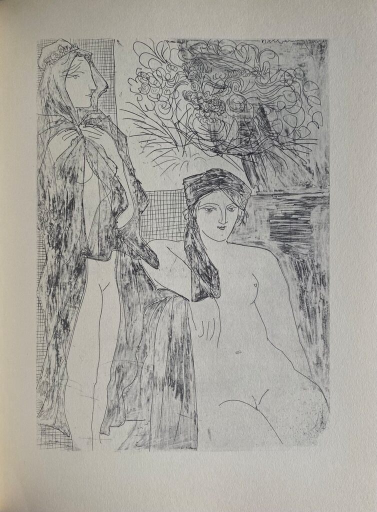Femme au voile, modèle assis et tête de Rembrandt by Pablo Picasso, 1956