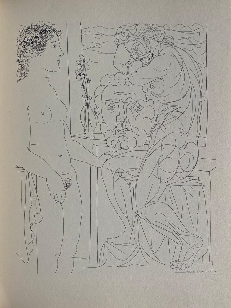 Femme laide devant la sculpture d'une Marie-Thérèse athlétique appuyée sur un autoportrait du sculpteur de Pablo Picasso, 1956