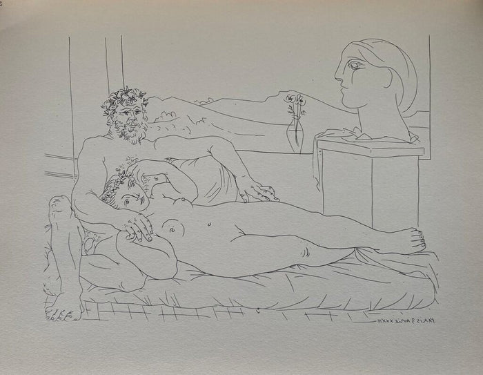 Vieux sculpteur et jeune modèle avec le portrait sculpté du modèle by Pablo Picasso, 1956