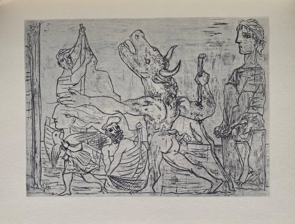 Minotaure aveugle guidé par une petite fille au pigeon by Pablo Picasso, 1956