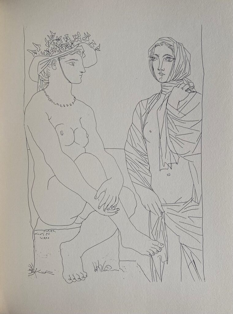 Au bain. Femme au chapeau à fleurs et femme drapée dans une serviette by Pablo Picasso, 1956